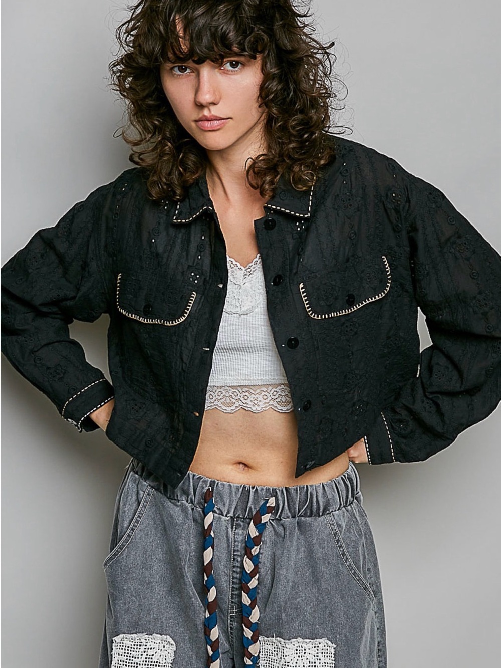 POL Black Cropped Embroidered Utility Jacket